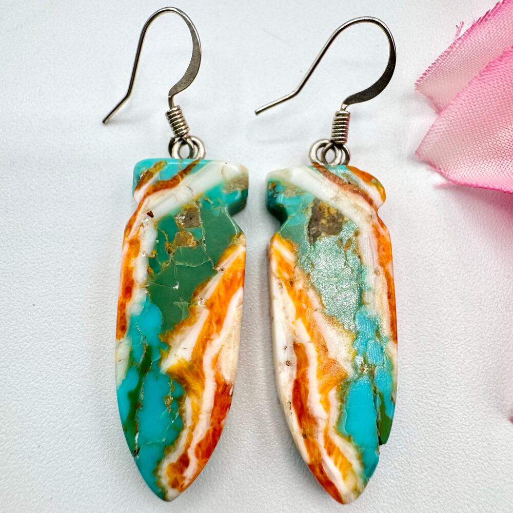 Turquoise Spiny Oyster Shell Carved Arrowhead Composite Slab Earrings Southwest - Picture 2 of 12